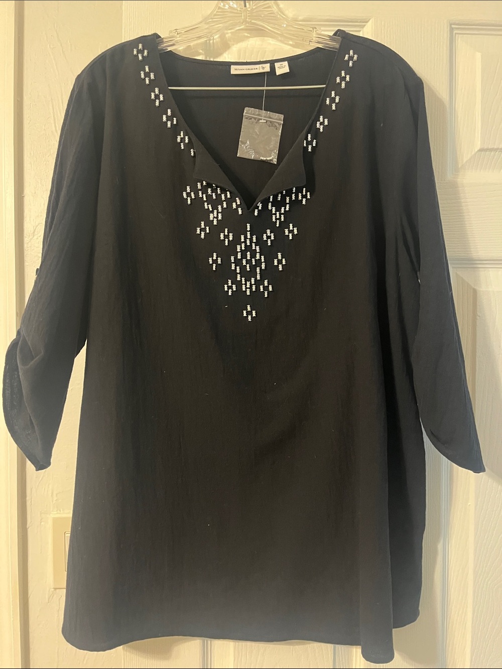 Susan Graver Black Tunic with White Bead Embellishment